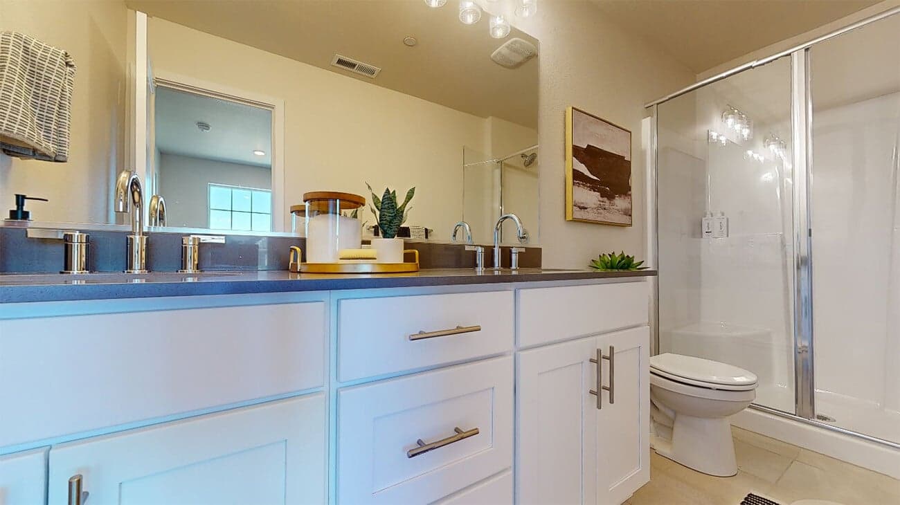 Primary bathroom with dual sinks and modern shower at The Town at The Vineyard's floorplan